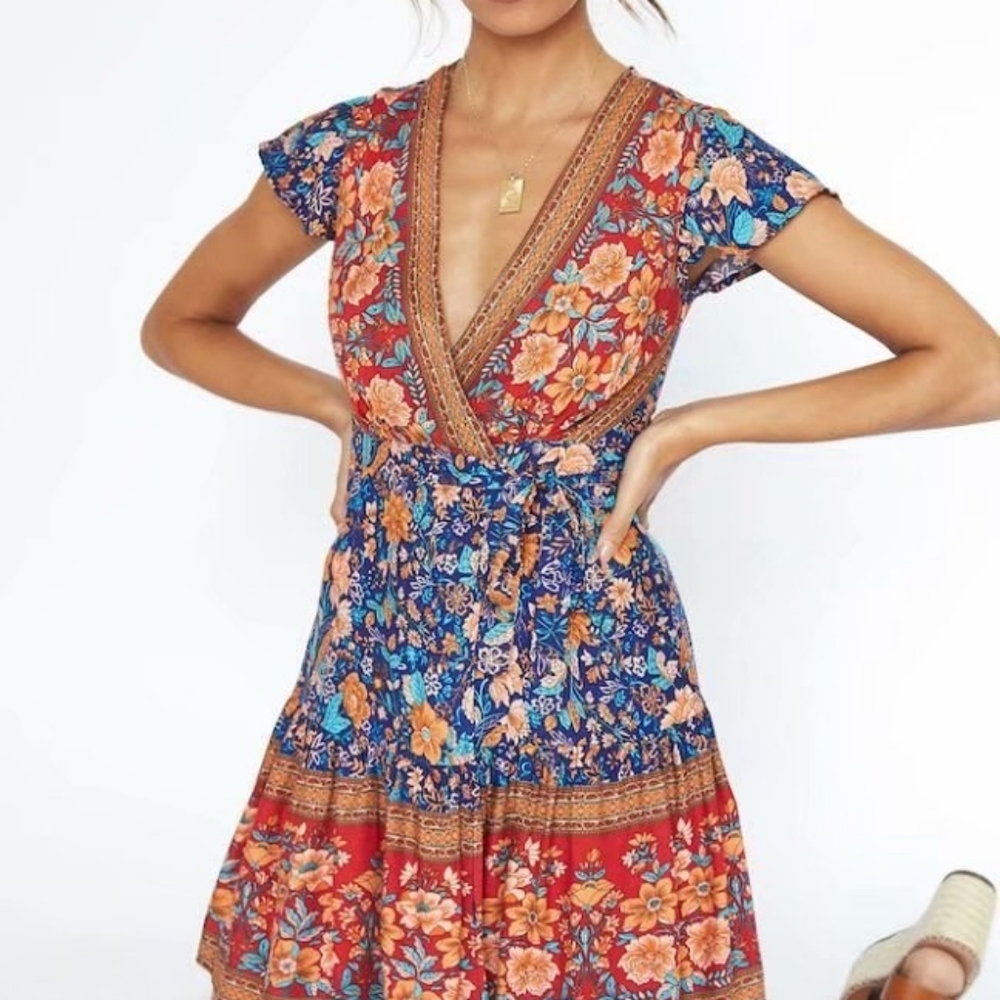 Ruffled Printing V-neck Bohemian Dress